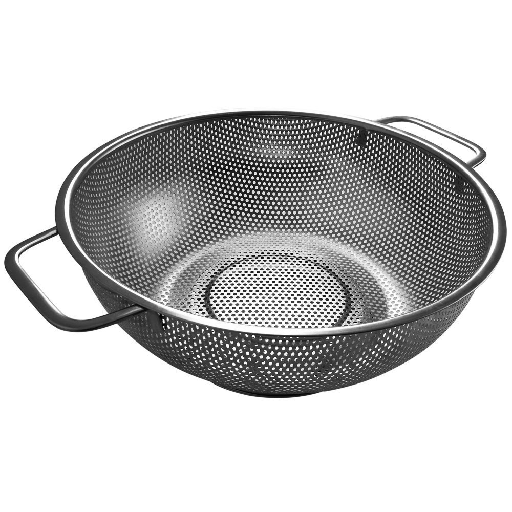 Sturdy 5-Quart Stainless Steel Colander with Easy Grip Handles - Small Hole Strainer Best for Berries, Pasta & Spaghetti - Quickly Drains Fruits & Vegetables