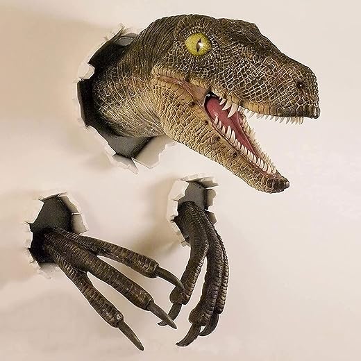 GECOKU Velociraptor Statue Wand, Wandhalterung Dinosaurier Kopf Skulptur, Dinosaurier Büste hängende Prop Replik, 3D Dinosaurier Statue, platzender Velociraptor, für Indoor und Outdoor Dinosaurier