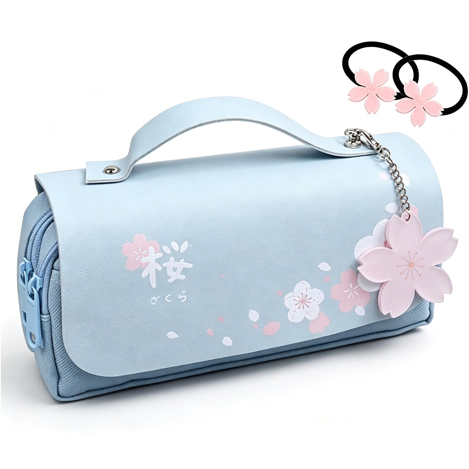 JELLYEA Kawaii Cherry Blossom Pencil Bag Pink Sweet Pencil Case,Blue