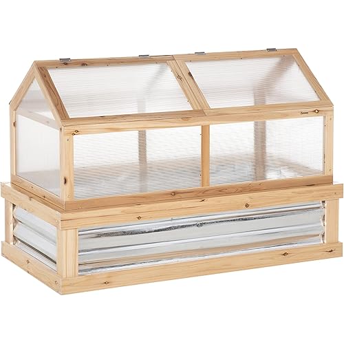 48'' x 24'' x 32'' Raised Garden Bed with Polycarbonate Greenhouse, Wooden Garden Cold Frame Greenhouse, Flower Planter Protection, Natural