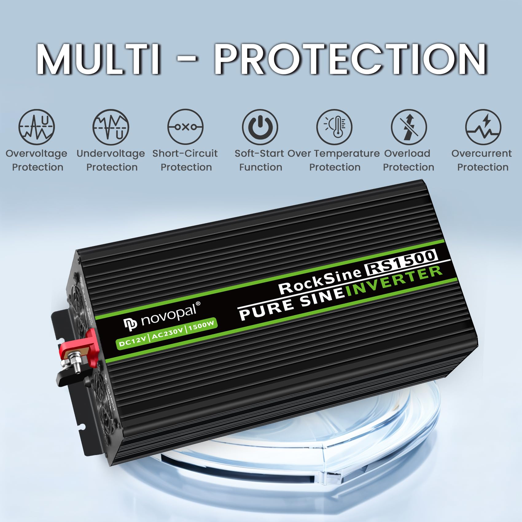 NOVOPAL Konwerter napięcia sinusoidalnego o mocy 1500 W - falownik samochodowy Przetwornica 12 V na 230 V - Przetwornica z 2 gniazdami UE i portem USB