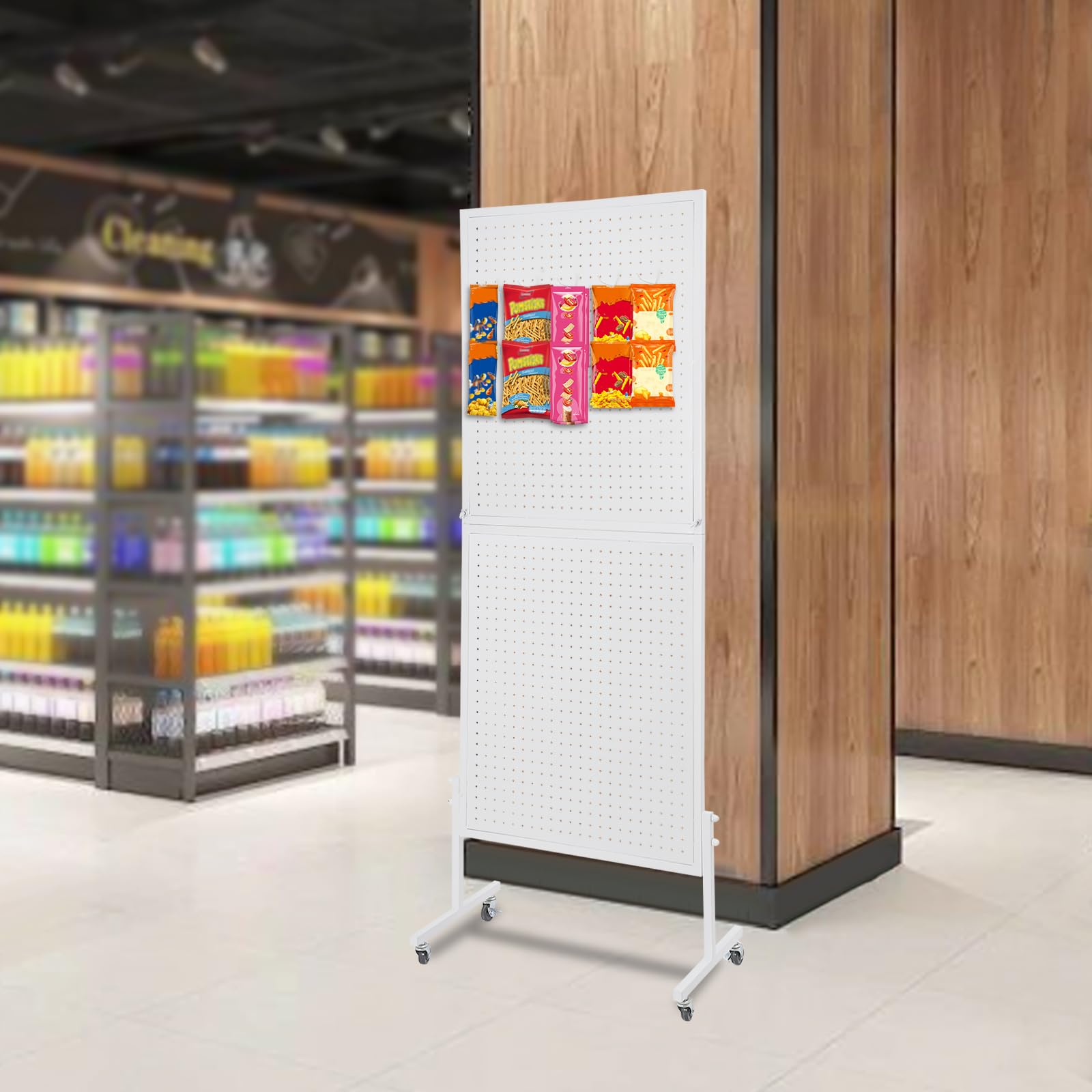 Exhibidor Doble de pie con Base en T, Ruedas para mostrador, Estante metálico para joyería con 10 Ganchos para exhibición de artesanía, supermercado (Blanco)