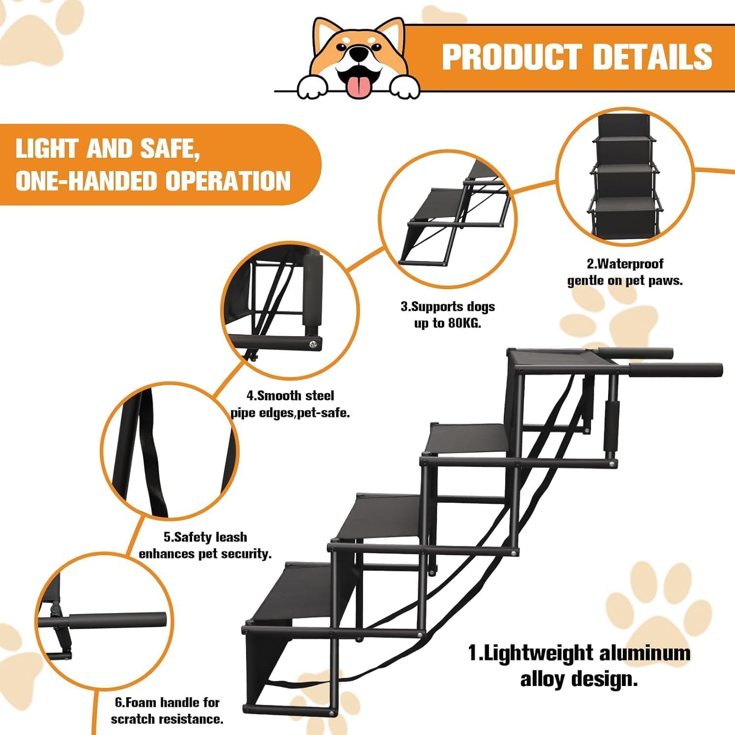 Rampa per Cani Pieghevole,Scaletta per Cani 4 Gradini,Rampa per Cani Auto,Fino a 80kg,Scala per Cani di Taglia Grande con Superficie Antiscivolo,per Tutti i Veicoli,per Grandi e Piccoli Cani (nero, L)