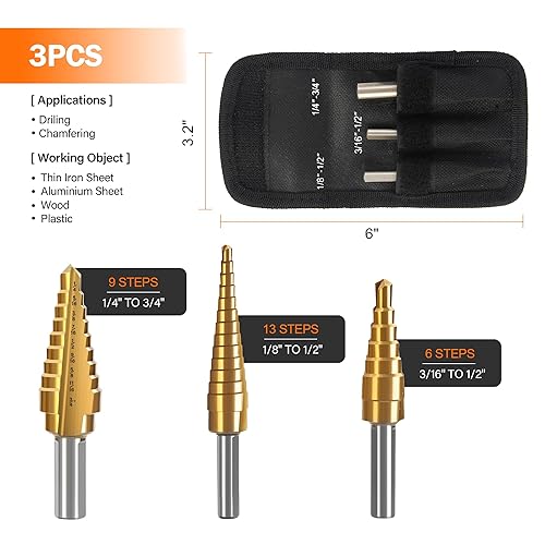 Miniatura 9 de KENDO 5 brocas escalonadas con punzón central automático, negro y dorado, juego de brocas de acero de alta velocidad, 50 tamaños, brocas de titanio