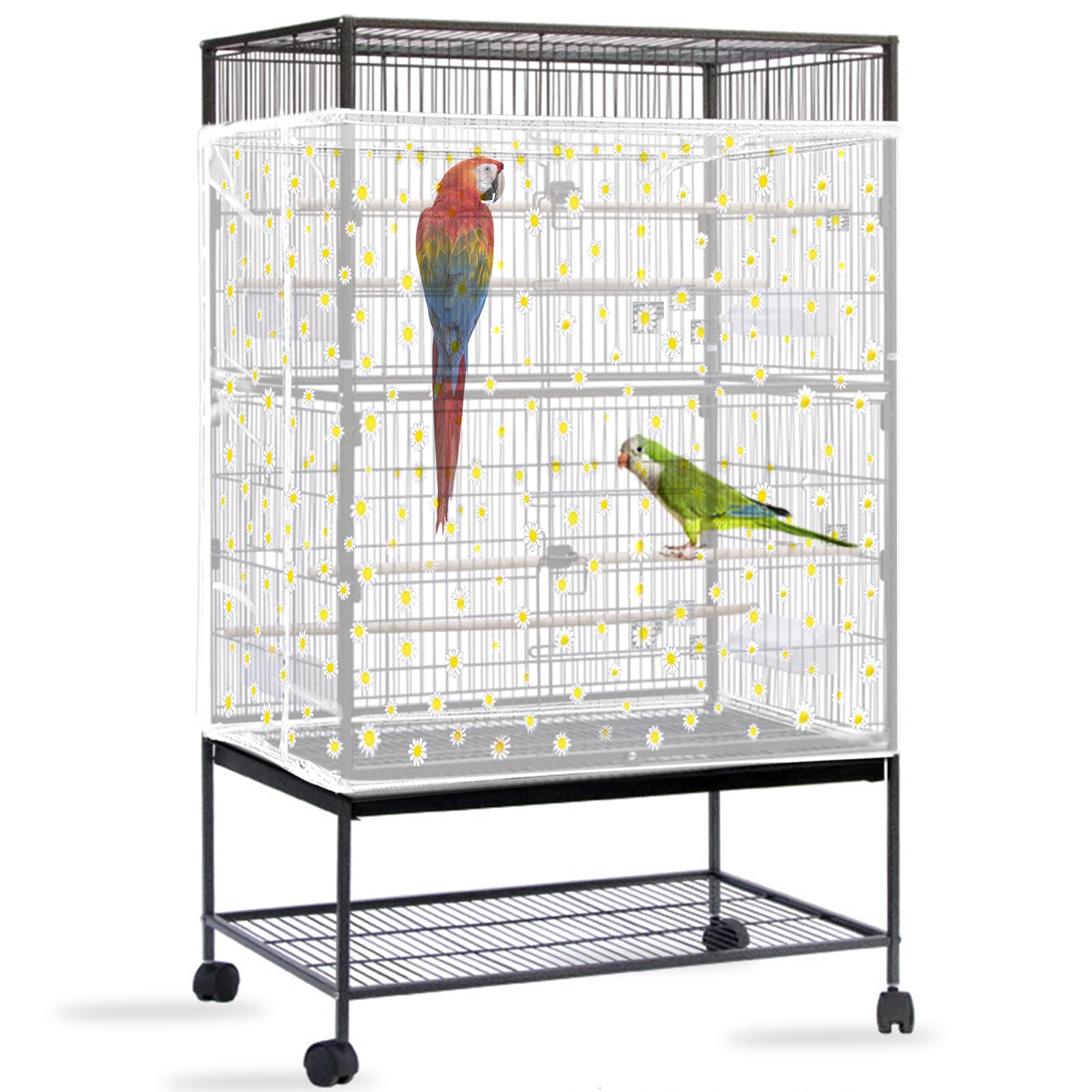 Mngren Vogelkäfig Abdeckung Groß, Vogelkäfig Netz Extra Groß Weich Luftig, Vogelkäfig Samenfänger, Einstellbar Papageien Kordelzug Netz für Runde Quadratische Käfige (Weiß, Gänseblümchen)