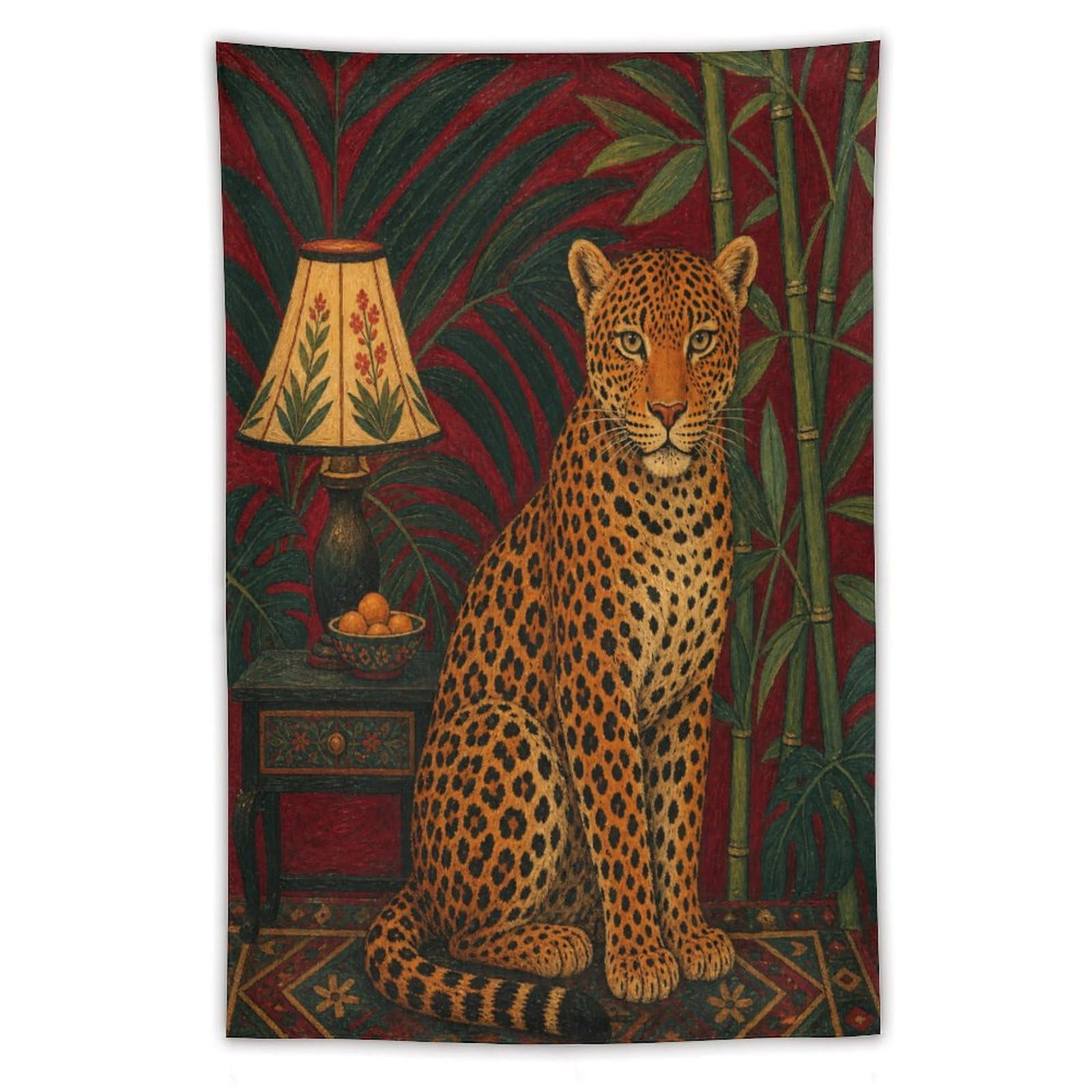 W7C8U2X3 Maximalist Leopard Wall Tapestry, Vintage Poster, Tropical Leaves