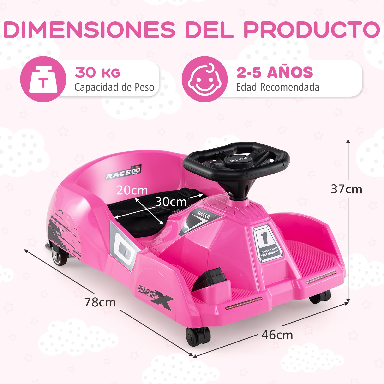 GOPLUS Go Kart Coche Eléctrico 12V Infantil, Kart Eléctrico con Pedal, Fregona Desmontable, Control Remoto, Conexión Inalámbrica, Música, 3 Velocidades, Coche de Juguete para Niños de 2-5 Años (Rosa)