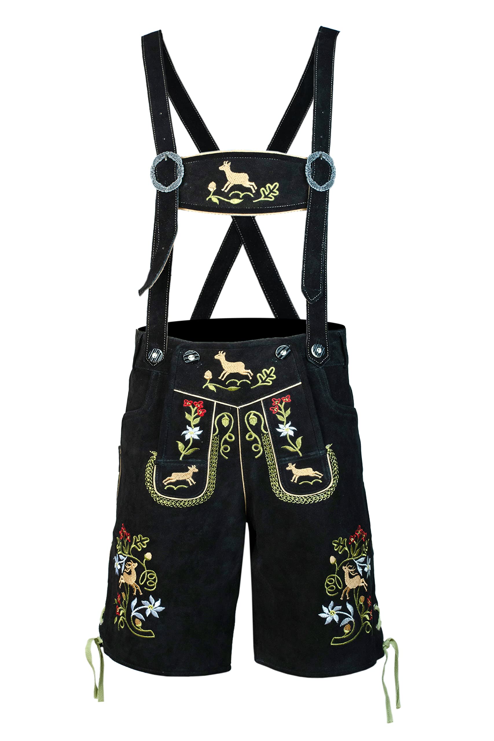 Bavarianland Men's Lederhosen Real Suede Leather with Matching Suspenders Shorts (UK 30 inch/EU 46, Black with Multicolor Embroidery) — image 1