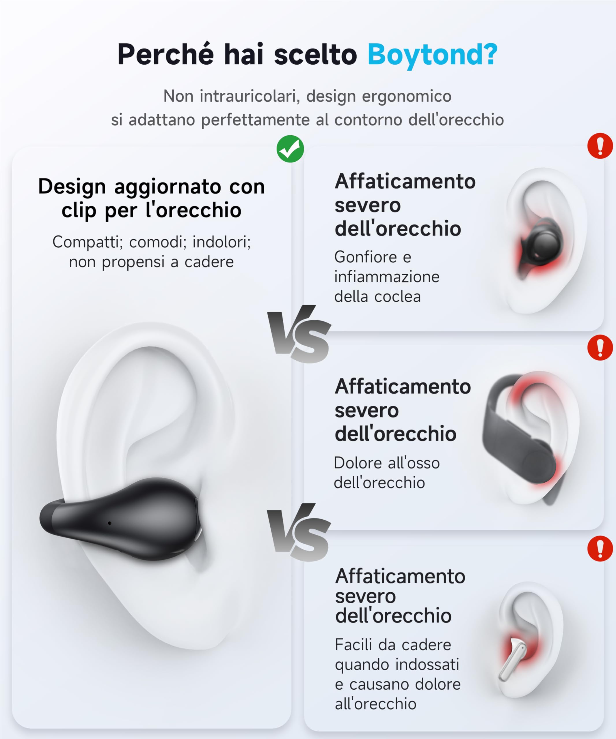 Auricolari Ultra Orecchio Aperto - Ergonomica Clip-On Cuffie Conduzione Ossea con Design Impermeabile e Adattabilità Sicura per Orecchie Piccole, Perfetto Cuffiette per Sport e Fitness - Classico Nero