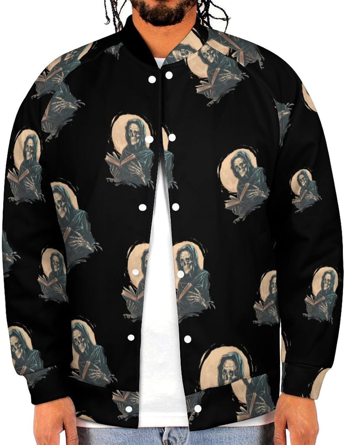 Reading Skeleton Moon Novelty Men's Baseball Jackets Causal Sweatshirt Button Top Long Sleeve Coat