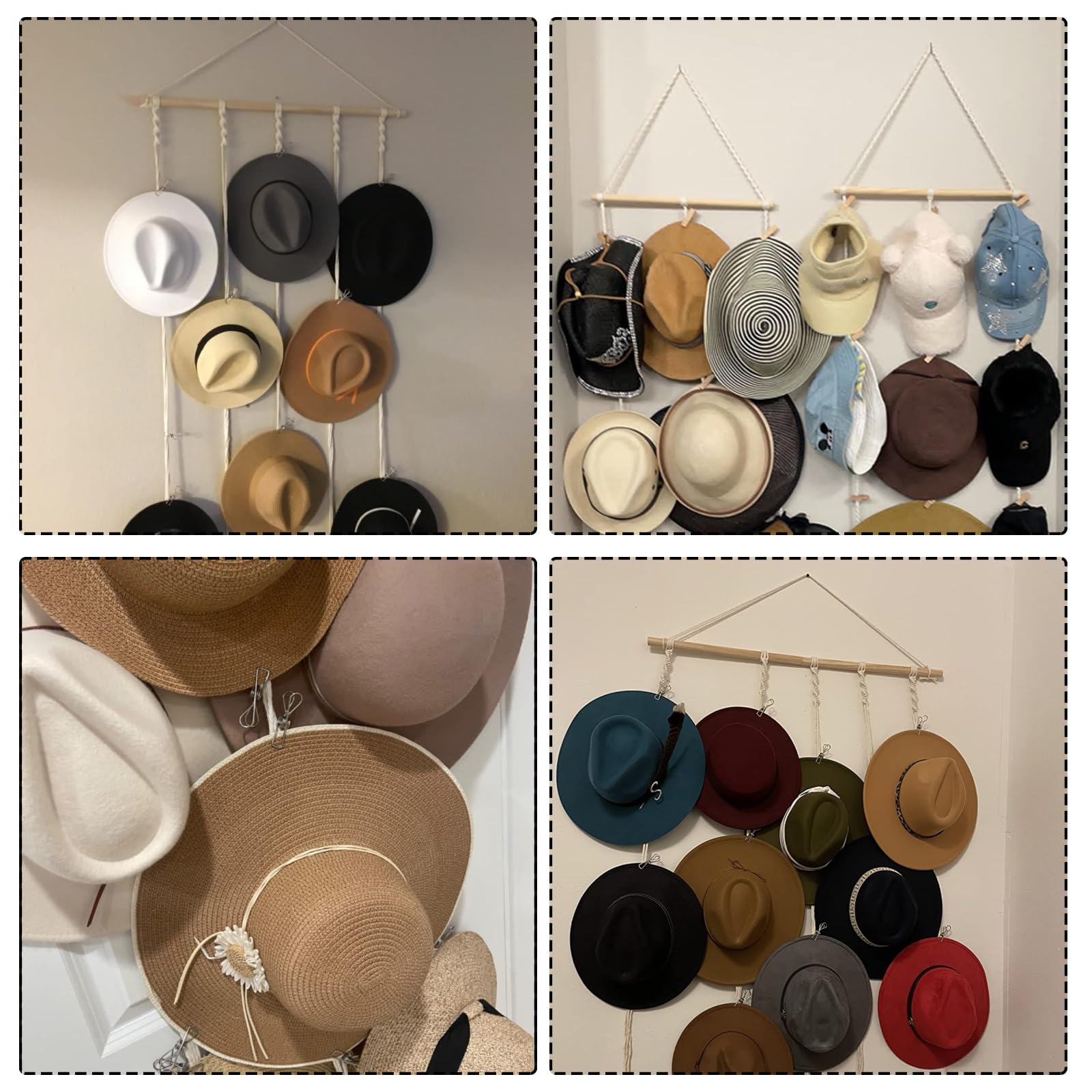 JOJOCY Porta cappelli da parete, organizer per cappelli con 12 clip, porta cappelli stile boho, decorazione per cappelli Fedora, da cowboy, a tesa larga, 155 x 80 cm