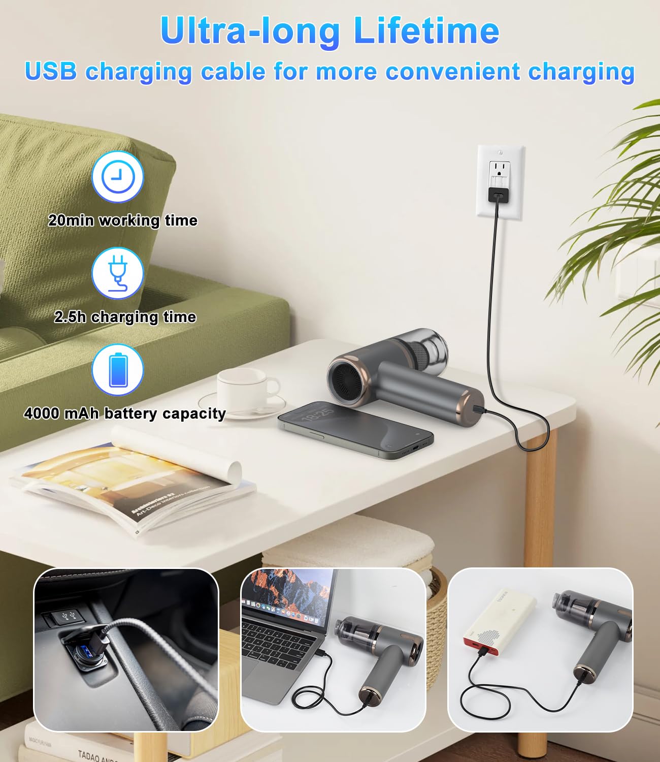 UTEBIT Mini Handstaubsauger, Handstaubsauger kabellos, Druckluft Elektrische Staubgebläse 3-in-1, Tastatur Reinigung, USB Schnellladung 6000PA Mini Staubsauger für Büro, Sofa, Auto zubehör Innenraum