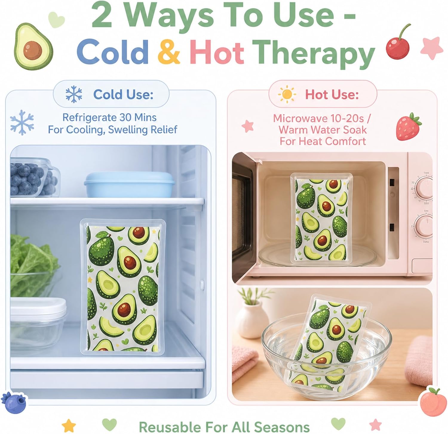 Kids Reusable Ice Packs, Fruit 4-Pack Non-Toxic BPA-Free, 8H Long-Lasting Cold Packs for Lunch/Boxes/School/Travel, Slim Gel Ice Packs for Kids Boo-Boo Relief