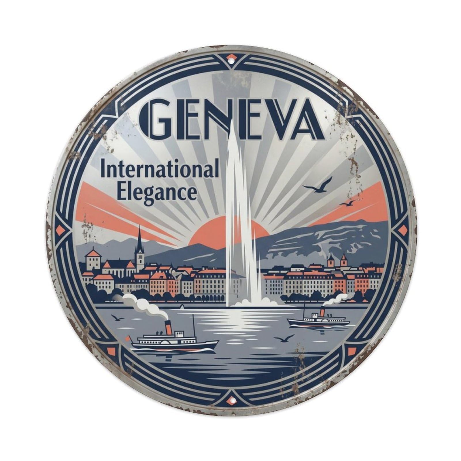 Vintage Travel Geneva Fountain Elegance Metal Tin Sign Plaque Wall Decor for Cafe, Club, Garden Round Metal Poster 8x8Inch