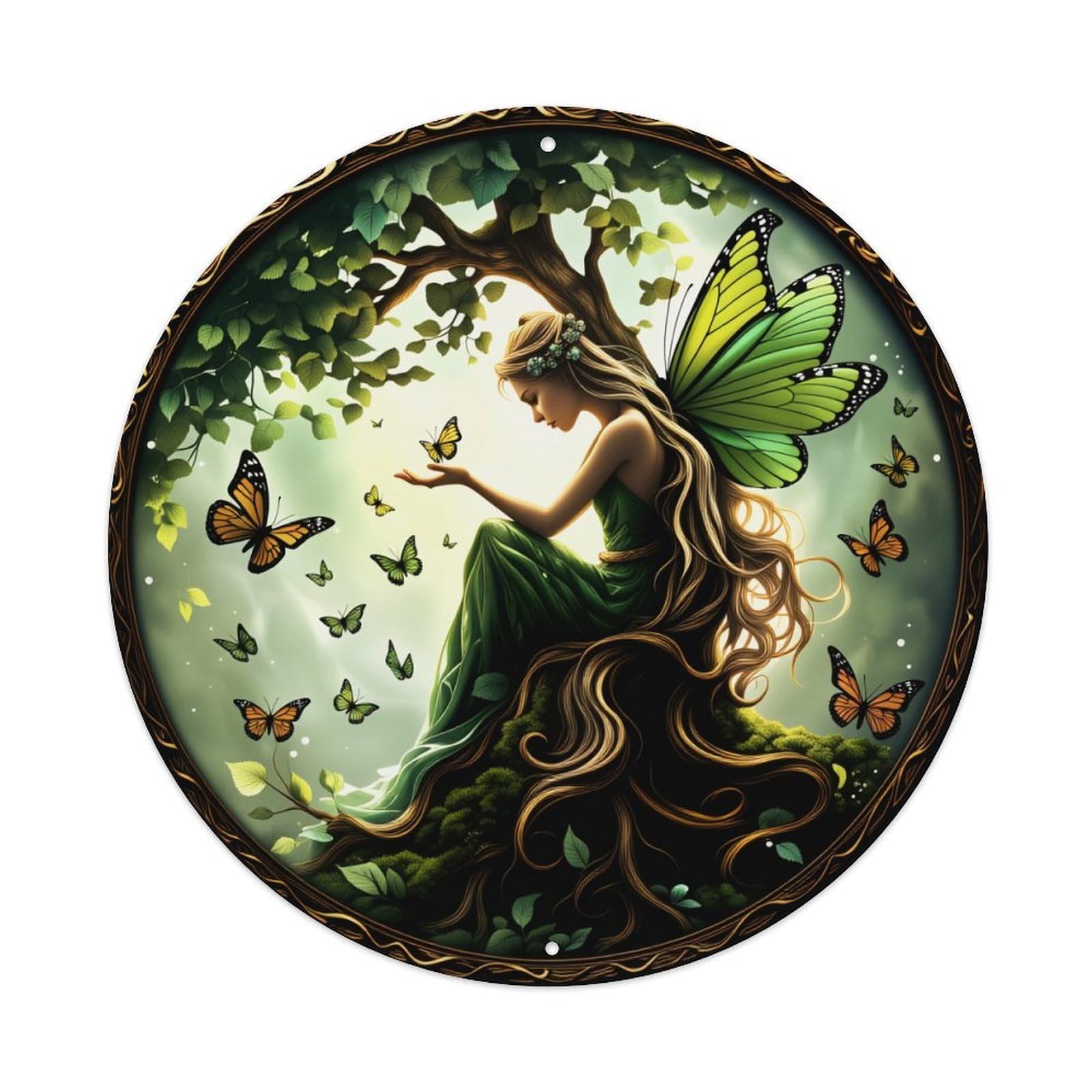 Fairy With Green Wings And Butterflies In Forest Scene Round Vintage Tin Sign,Retro Wall Art,Metal Poster for Home, Bar, Garage, Cafe, Rustic Indoor & Outdoor Decor, 8x8 Inches