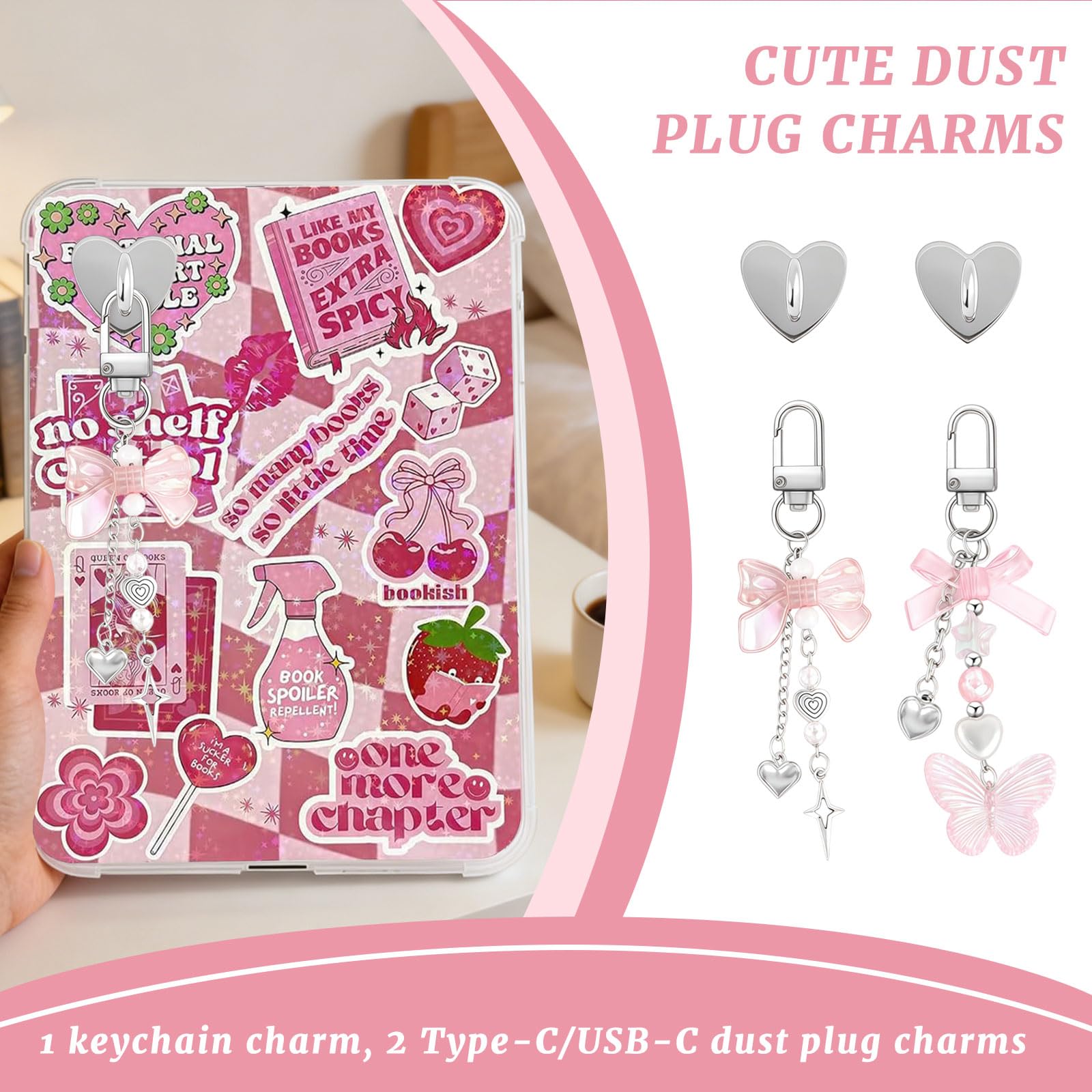 Set Decorativo Rosa VelvetGlow 6 Inserti e 2 Ciondoli in Perla per Custodia E-Reader Compatibile con Paperwhite 11ª/12ª Gen