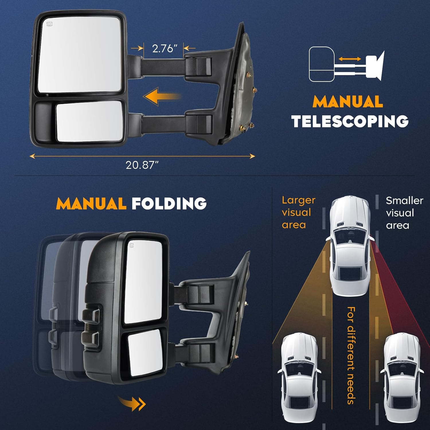 Towing Mirrors for Ford F-250 F-350 F-450 F-550 Super Duty 2008-2016 Power Heated with Smoke Turn Signal Manual Folding Telescoping (1 Pair)