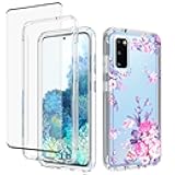 Yerebel Case for Galaxy S20 5G Case, Samsung S20 SM-G981U with Tempered Glass Screen Protector, Floral Design Shockproof Bumper Full Body Protective Cell Phone Cover for Samsung Galaxy S20 5G (Rose)