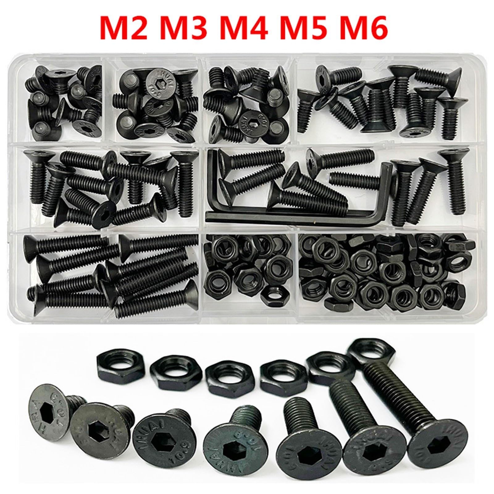 Schrauben Set Senkkopf-Flachkopf-Sechskantschrauben-Muttern-Set M2 M3 M4 M5 M6 Sechskant-Innensechskant-Senkkopf-Inbusschraube der Güteklasse Schwarz(M5 (242pcs))