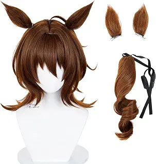 Wiggy Mermaid AgnesTachyon コスプレ ウィッグ ショート ブラウン ウィッグ ポニーテールイヤー付き | ミディアムウェービー合成ヘアウィッグ、取り外し可能なポニーテールと耳付き、ハロウィンコスチュームゲーム、アニメパーティー用
