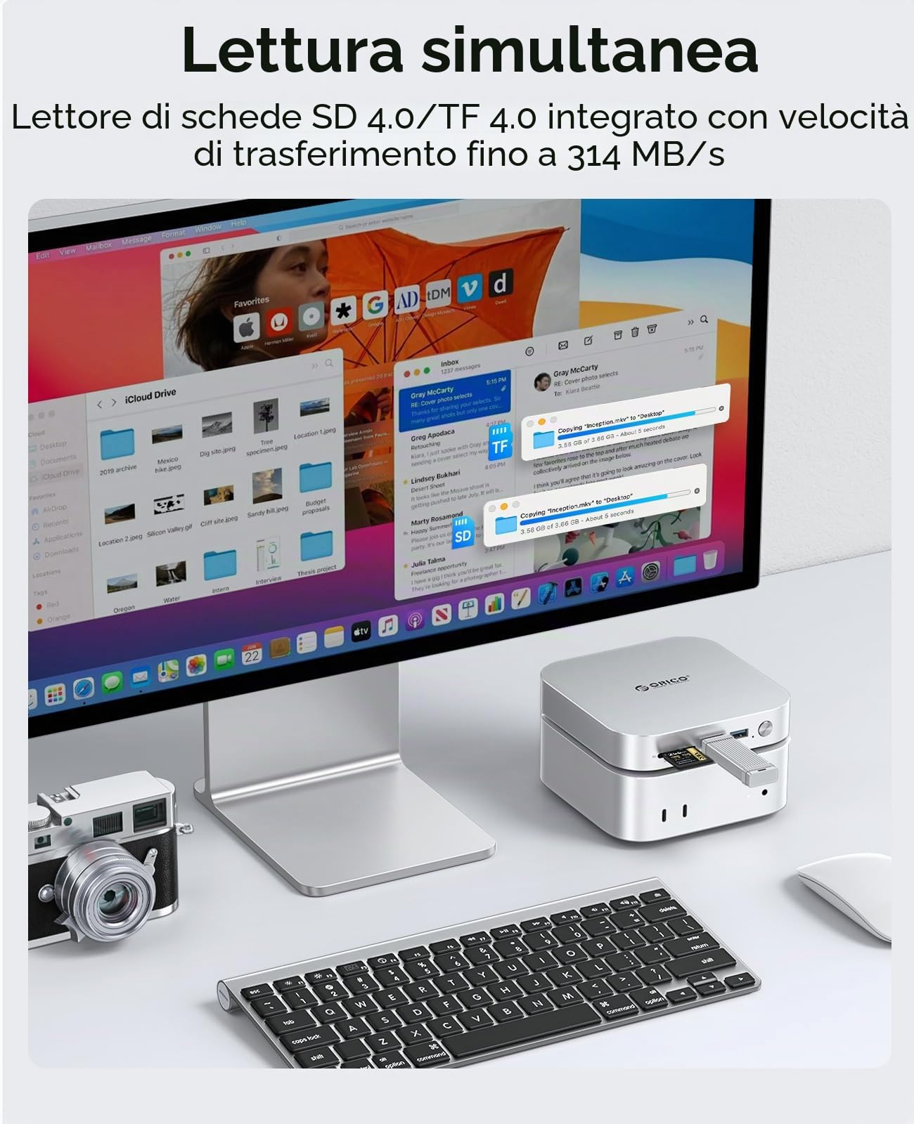 ORICO 40Gbps MiniLink M47P Hub Compatibile con Mac Mini M4, USB C Dock in Alluminio con Doppio Alloggiamento SSD per M.2 NVMe, fino a 3000MB/s, 3 USB 3.2, SD/TF 4.0