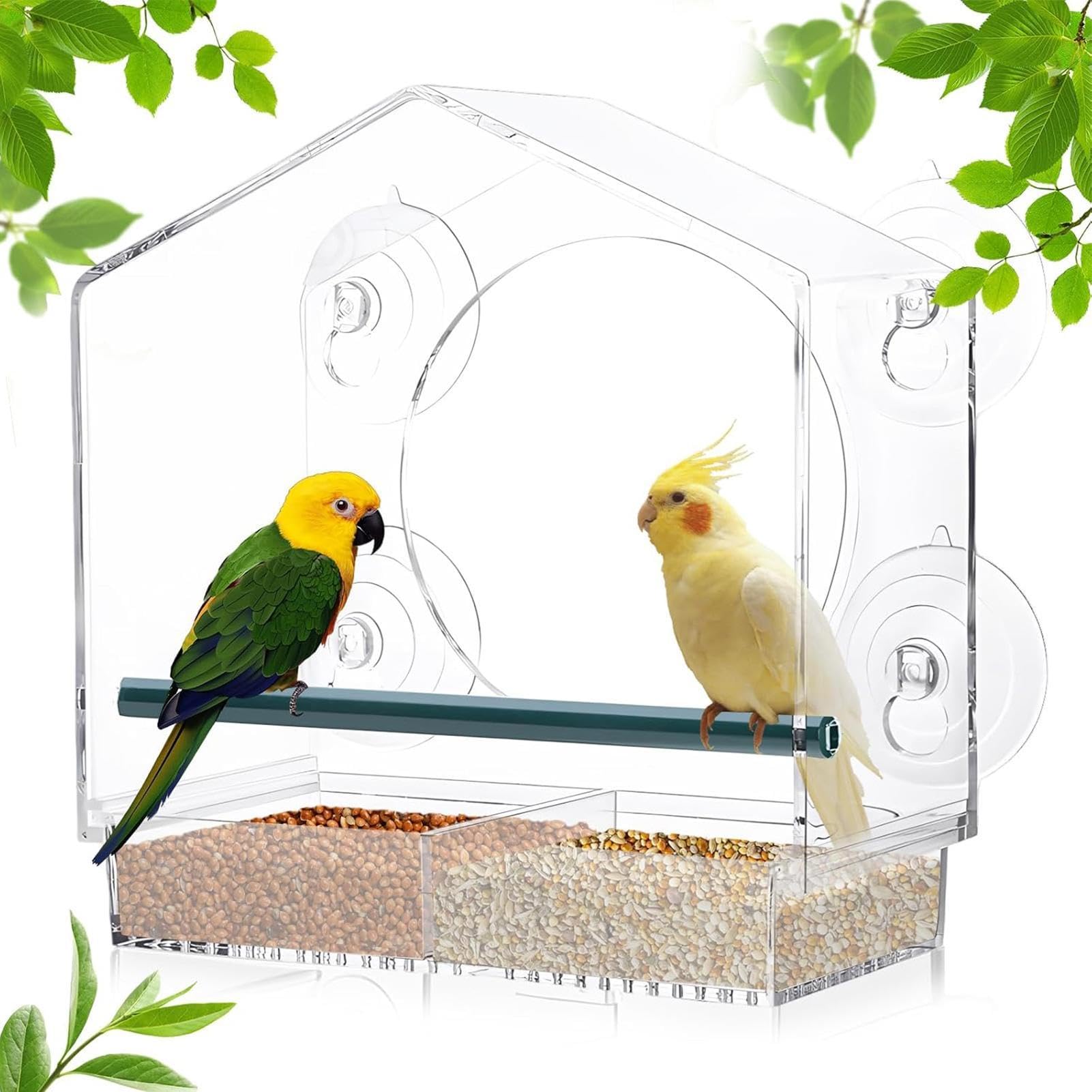 Mangeoire à oiseaux avec fenêtre à ventouse en acrylique transparent avec plateau amovible