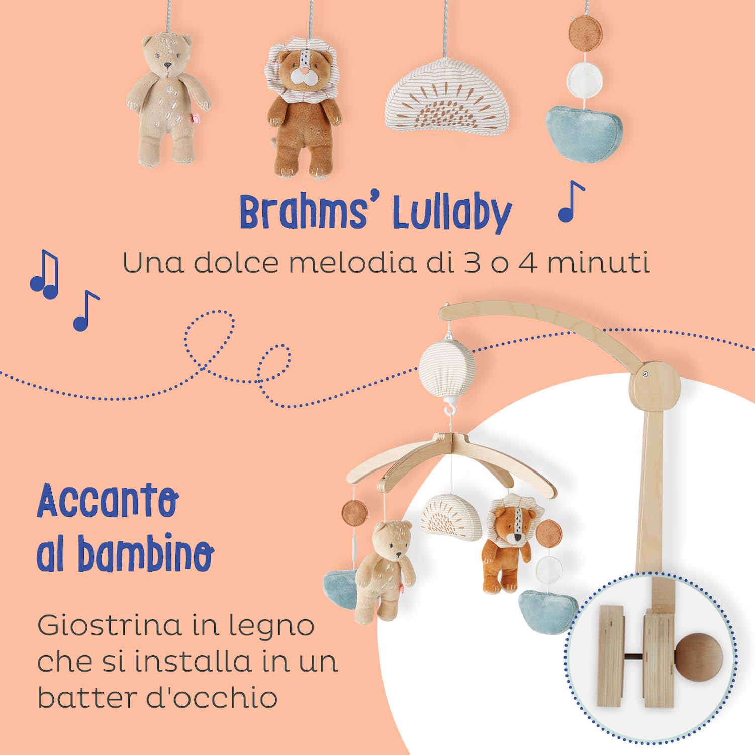 Noukie's - Giostrina musicale in legno pastello Babou & Kendi - Giostrina per culla, lettino con le sponde, box - Gioco stimolante