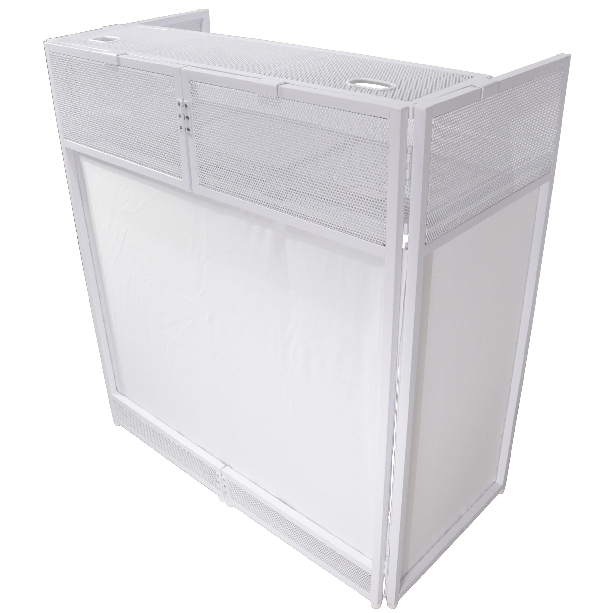 ProX XF-VISTAWHMK2 Vista DJ Booth Table Work Station with White Black Scrims and Carrying Bag White Frame