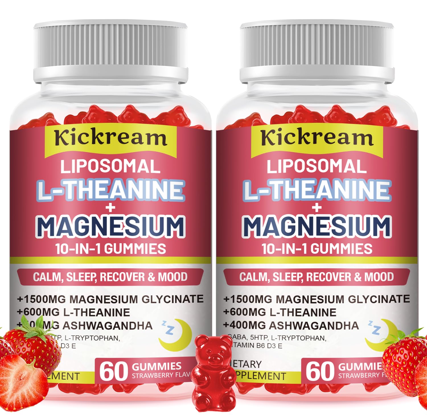 Liposomal Magnesium Glycinate 1500mg L-Theanine 600mg Gummies with Ashwagandha, GABA, 5HTP, Vitamin B6 & D3, Lemon Balm Leaf, L theanine Supplement Magnesium Gummies for Relax Mood & Muscle, 2 Pack