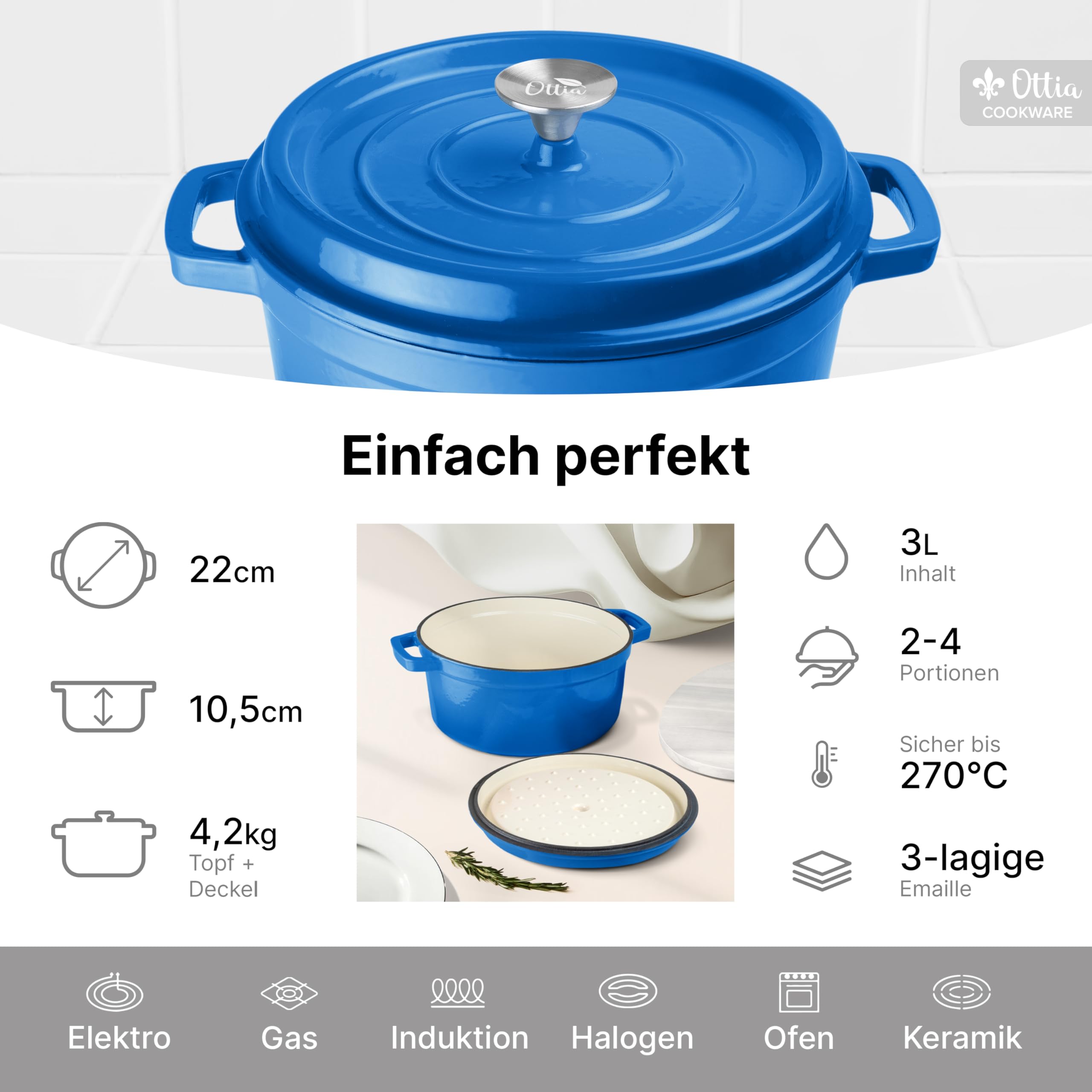 Ottia Pentola in Ghisa, 22 cm, 3 Litri, Smalto Premium, Casseruola per Brasati con Coperchio, Pentola in Ghisa, Dutch Oven, Teglia per Pane, Pentola per Pane, Adatta a Tutti i Tipi di Piano di Cottura