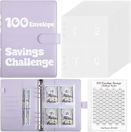 Carpeta de desafíos de ahorro de dinero de 100 sobres, carpeta de presupuesto A5 para ahorrar dinero con sobres de efectivo, libro de desafíos de