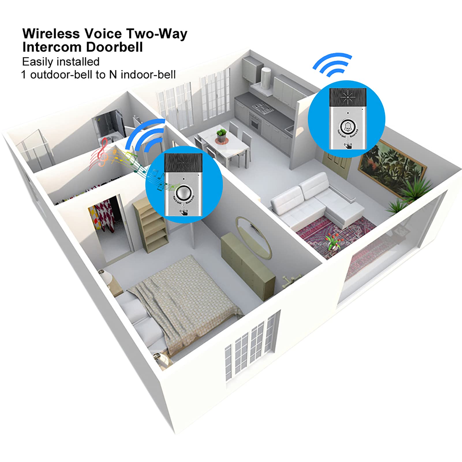 Timbre del intercomunicador, Voz inalámbrica inteligente Fácil instalación Distancia de trabajo larga Altavoz ajustable Sistema de control de acceso bidireccional Seguridad para el hogar