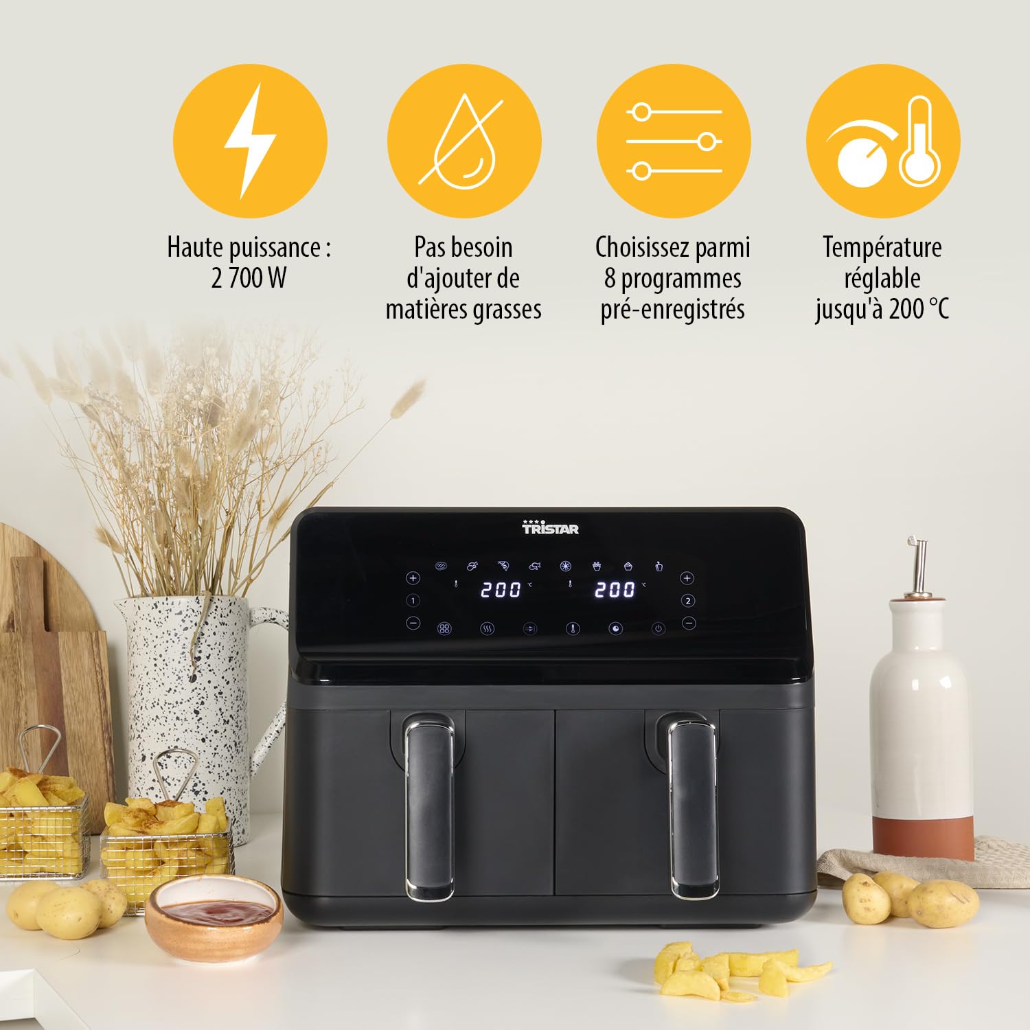 Tristar Airfryer Double Panier - Capacité 2 x 4 L - 2700 W - 8 programmes - Température réglable par panier, Noire
