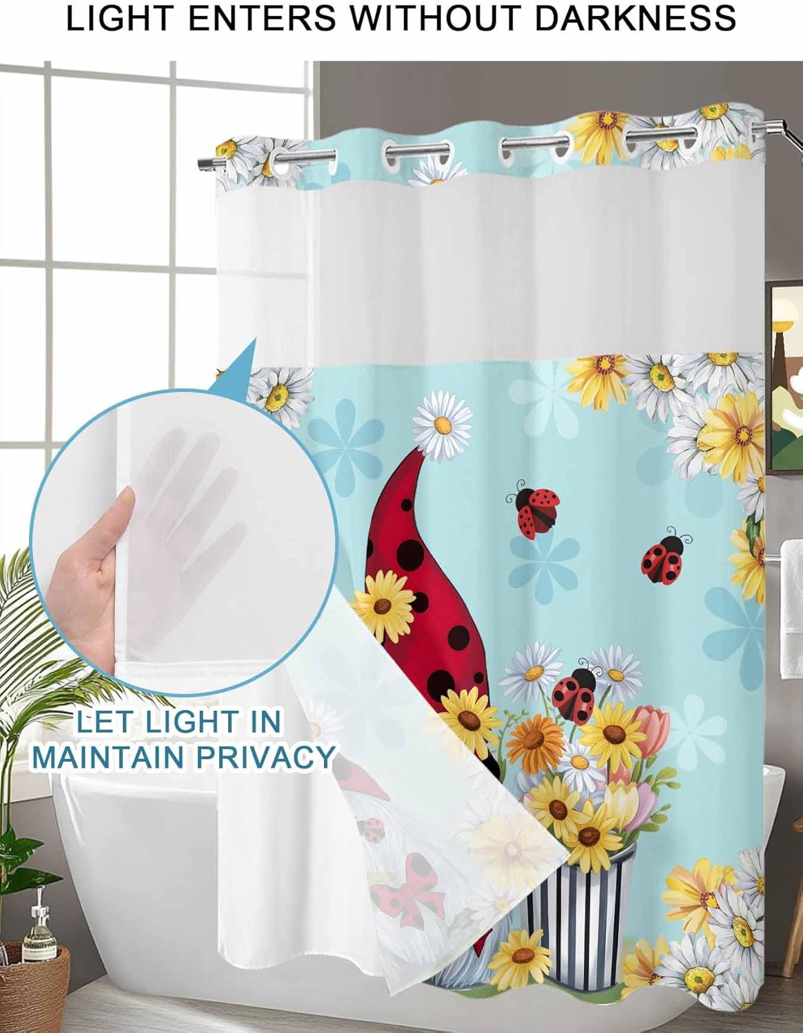 No Hook Shower Curtain with Snap in Liner Set Aqua Gnomes Daisy Shower Curtains for Bathroom Decor Pastoral Country Garden Floral Waterproof Fabric Bath Curtain with See Through Top Window 72x72 Inch