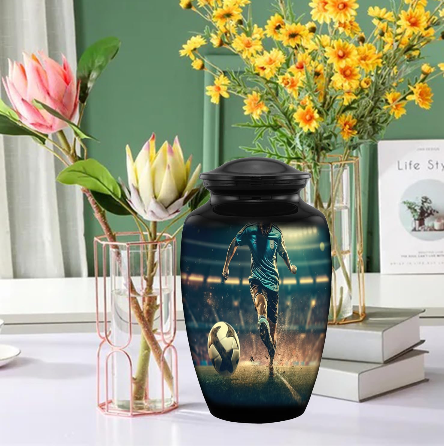 Soccer Urn - Soccer Cremation Urn for Human Ashes - Sports Urn - Sport Cremation Urn - Handcrafted Funeral and Memorial with Velvet Bag (Large)