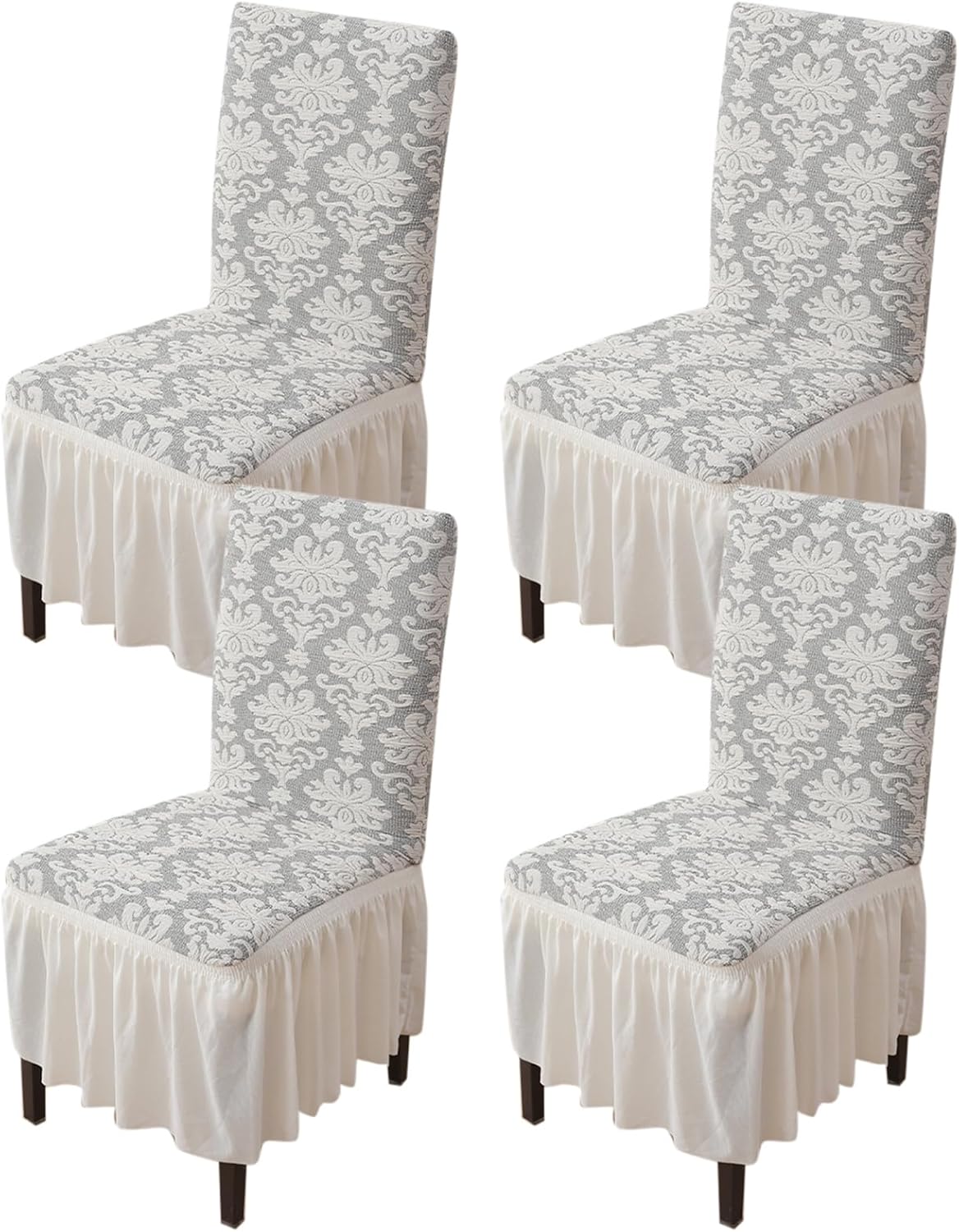 Rakila Set of 6 Jacquard Stretch Chair Covers with Skirt Washable Removable Chair Protector for Dining Kitchen (White, 6 Pack)