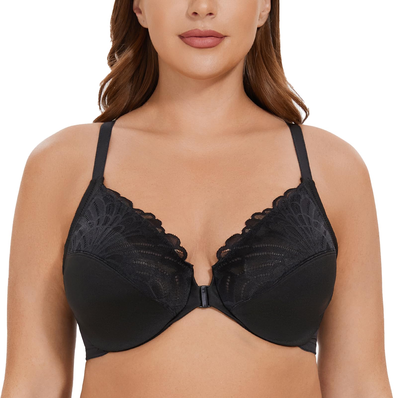 Casolace Women's Black Front Closure Lace Plus Size Underwired Unlined Racerback Bra 46C
