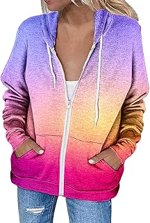 JINGAN Long Waterproof Coat Women Casual Jacket Loose Zipper Hooded Drawstring Jacket Gradient Print Solid Color Pocket Zipper Sweatshirt Jacket Womens Casual Zip up Jacket Jackets for Men UK Winter