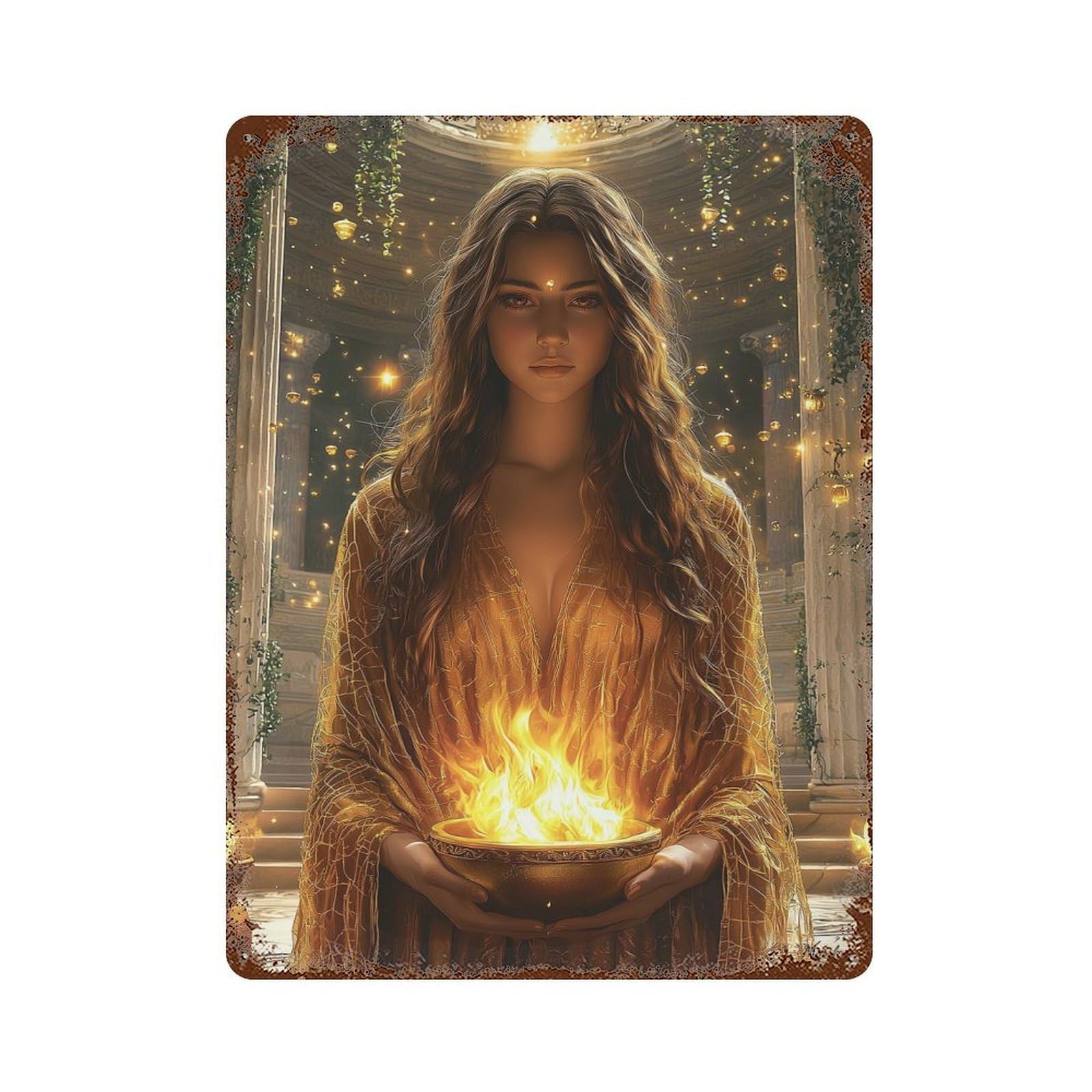 Vintage Rust Metal Sign with Hestia, Goddess of The Hearth - Keeper of The Sacred Flame Design 15.7"x11.8", for Garage, Bar And Workshop Decor, Retro Wall Decor