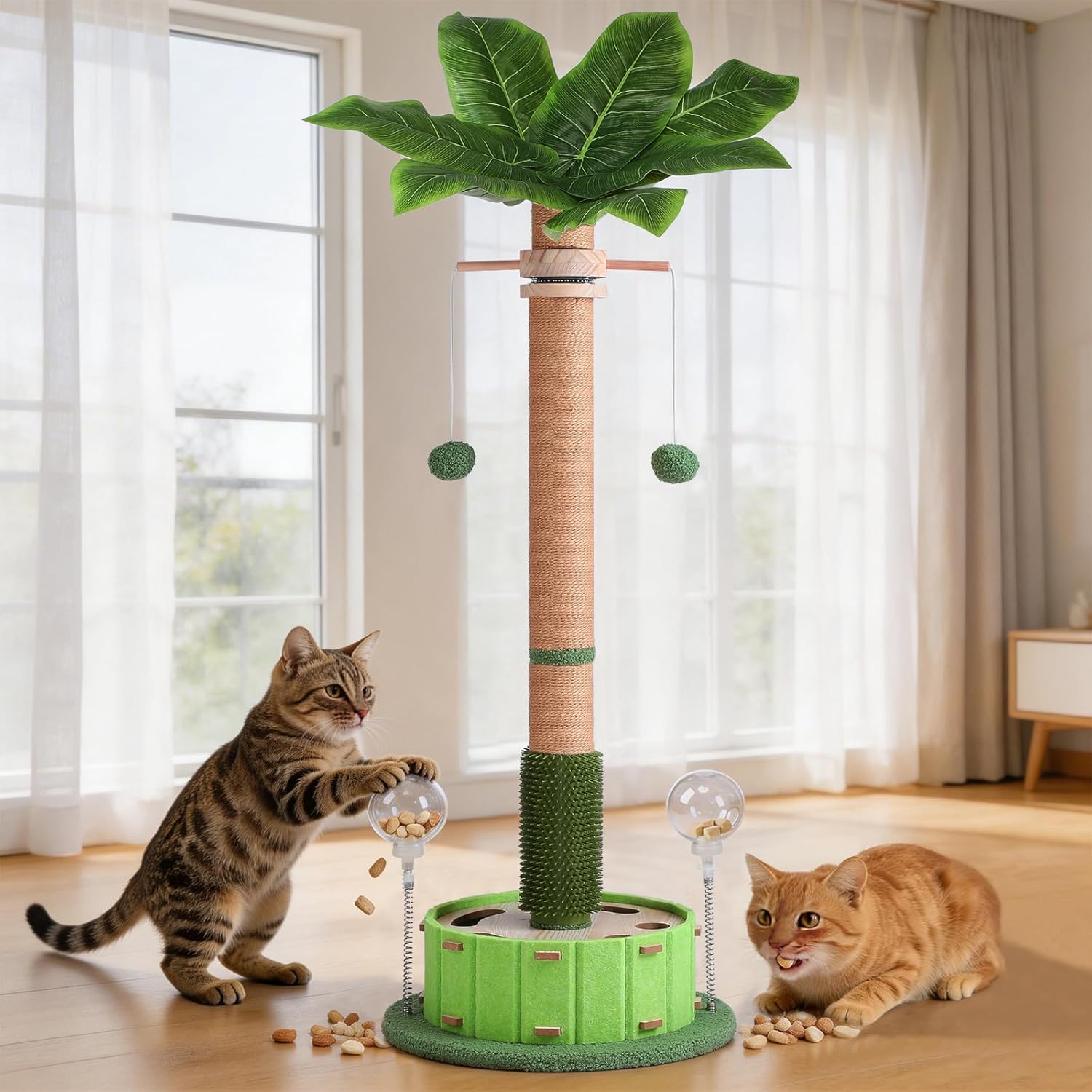 40" Tall Cat Scratching Post, Scratching Posts for Indoor Cats Adults and Kittens with Rotating Hanging Ball, Interactive Cat Puzzle Toy and Spring Cat Treat Dispenser, Palm Tree Scratch Post for Cats