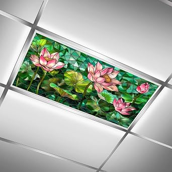 Stained Glass Fluorescent Light Covers for Ceiling Lights Classroom Office 4x2ft Pink Lotus Decorative Drop Ceiling Light Cover Filters Hospital Home Ceiling Decorations
