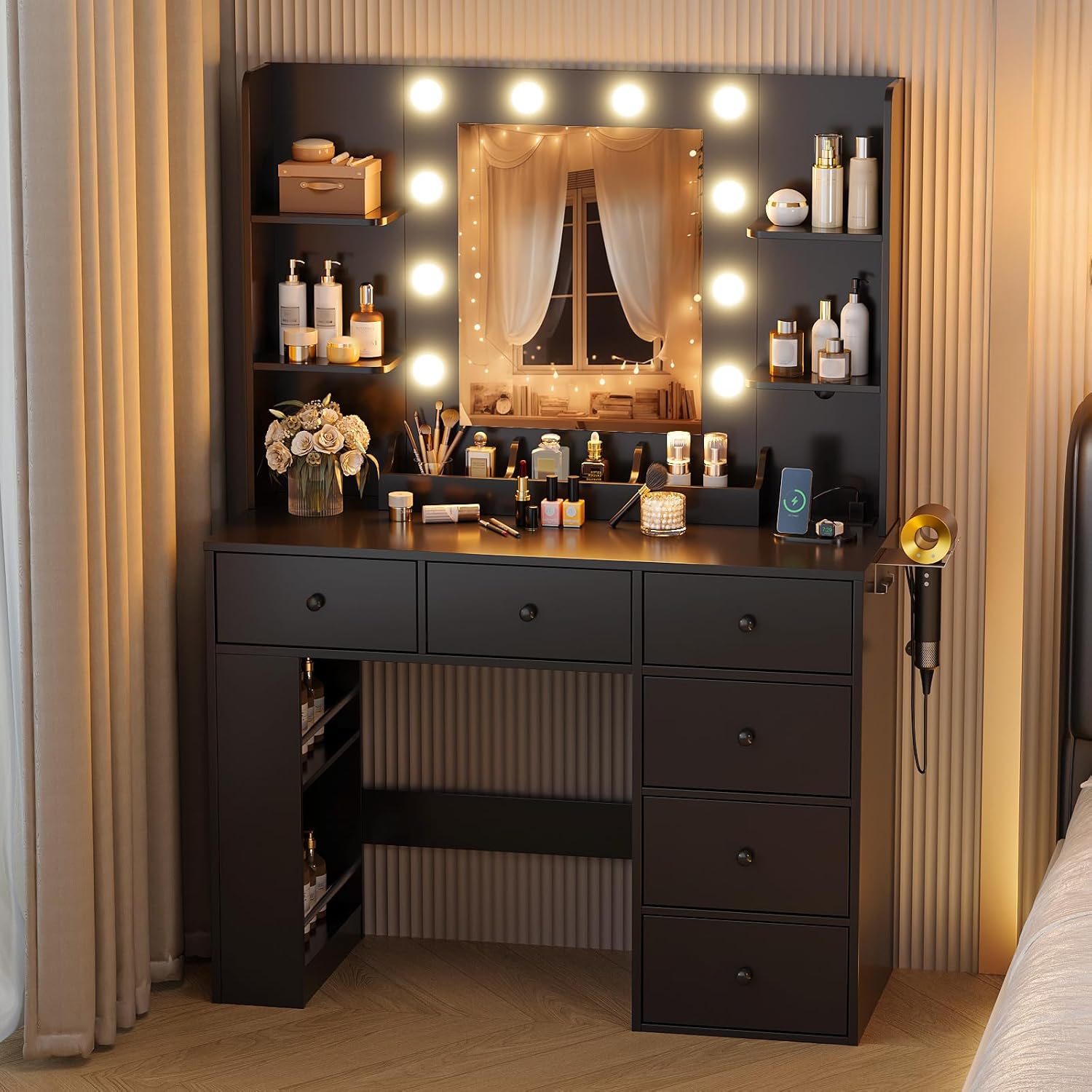 VINGLI Vanity Desk with Mirror and Lights, Makeup Vanity Table w/ 6 Storage Drawers & Shelevs, 58in Black Dressing Table Built in Hollywood Bulbs & Charging Station & Hairdryer Holder, Gifts for Girls