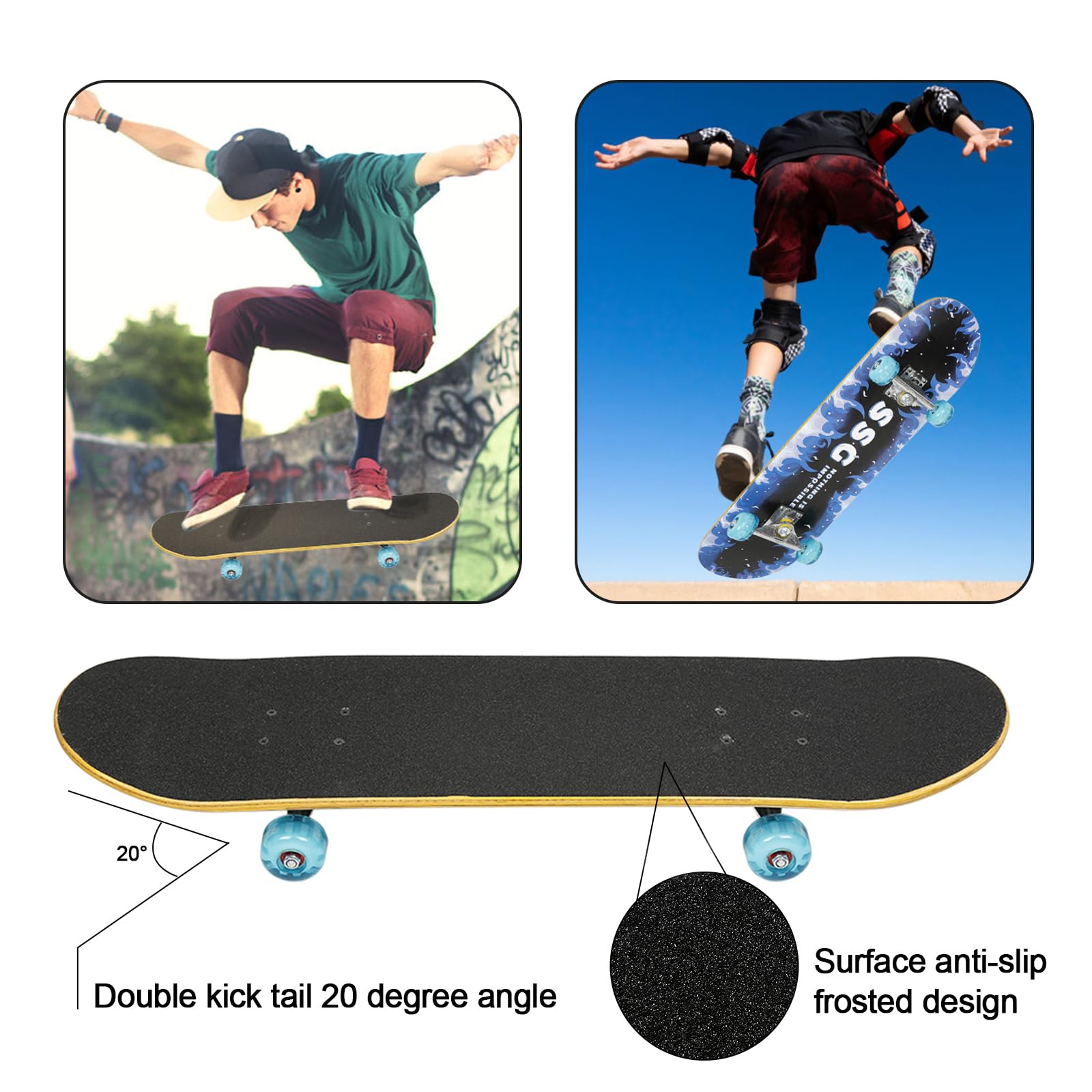 Skateboard completo a 7 strati di acero canadese Double Kick | Cuscinetti a sfera ABEC-7, superficie antiscivolo, ruote in poliuretano 85A da 50 mm, per bambini e adulti