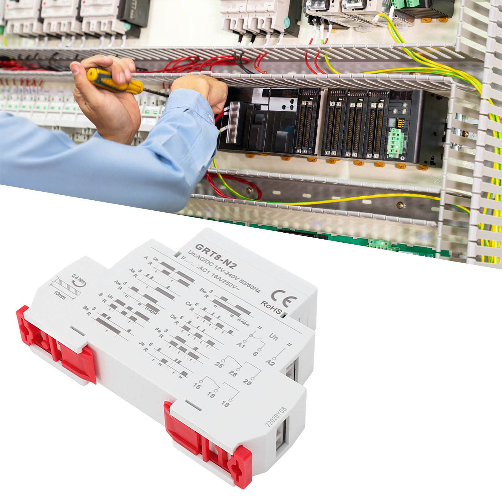 Relé temporizador multifuncional con retardo ajustable de 0,1 s a 10 días, indicador LED, carcasa de ABS ignífuga, montaje en riel DIN para sistemas de control industrial,