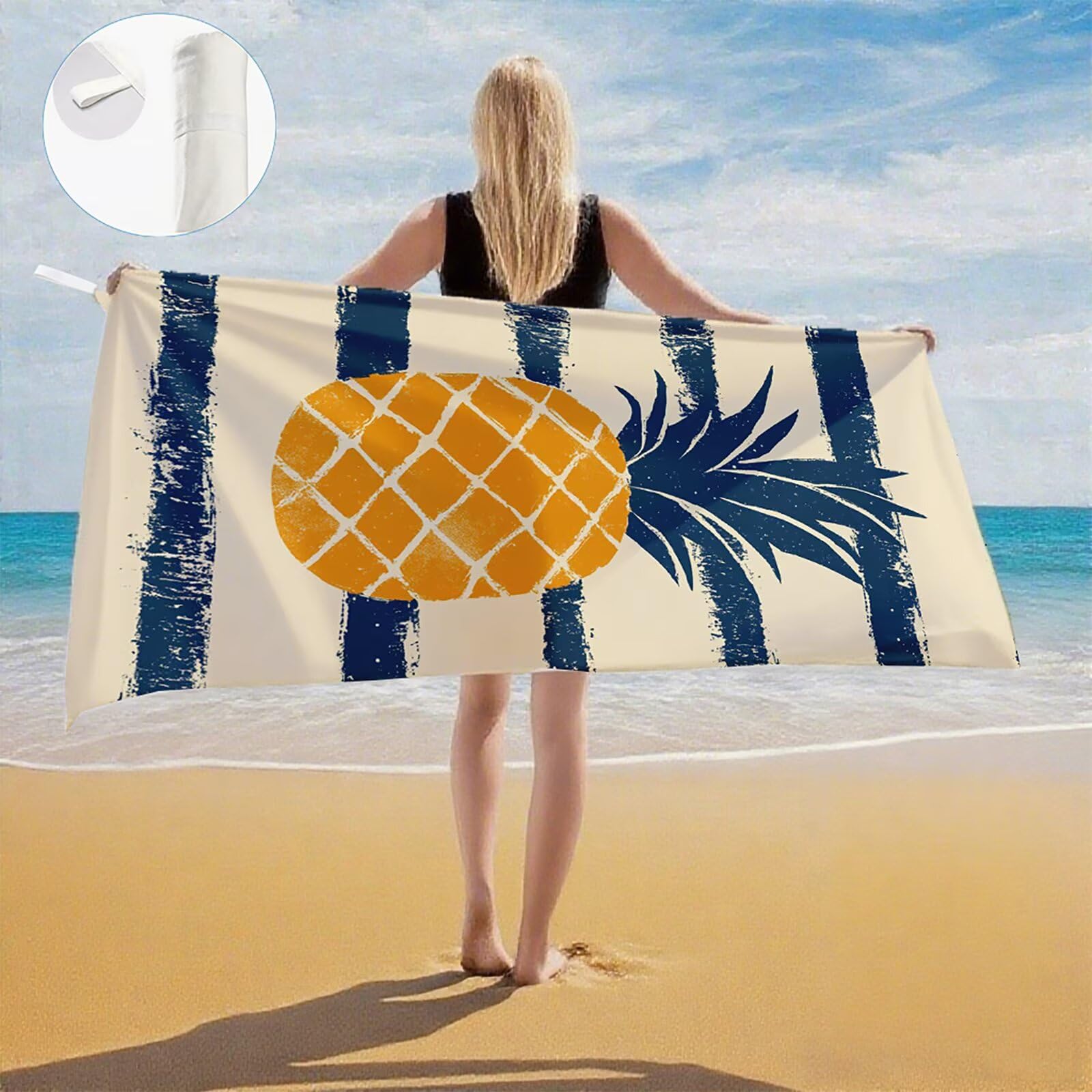 Serviette de Plage Microfibre Serviette Plage 100x220 2 Pack Séchage Rapide, Anti-Sable, Absorbante Fonction drap de plage xxl pour Bain, Sport, Voyages, Sauna, Piscine, Yoga, avec Sac Ananas Q-620