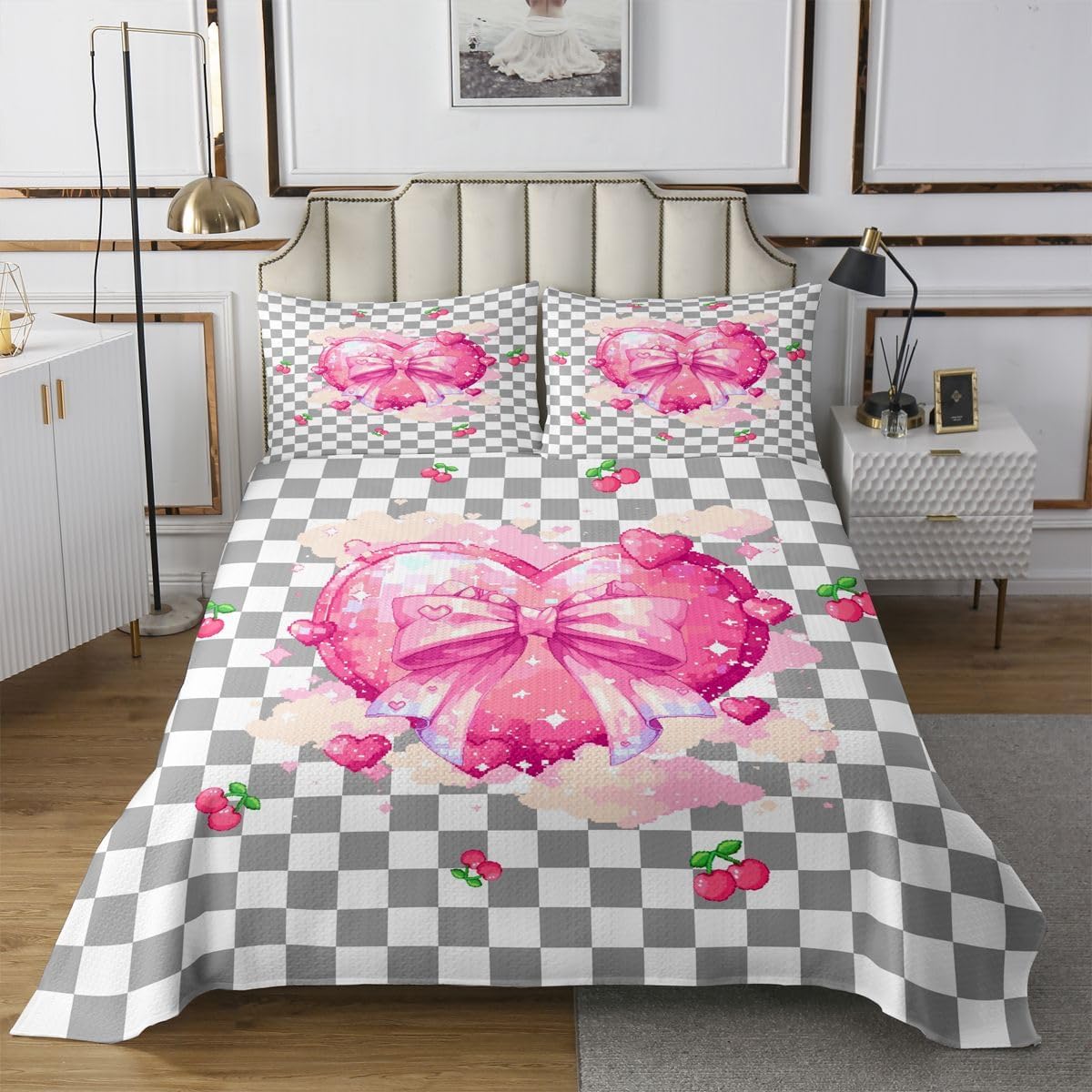 Castle Fairy Pink Bow Knot Quilt Sets Twin Size,Cherry Bowknots Bedspread Coverlet 2Pcs for Kids Girls Boys Room Decor,Love Heart Quilts Set Grey White Plaid Bedding Comforter,1 Pillowcase