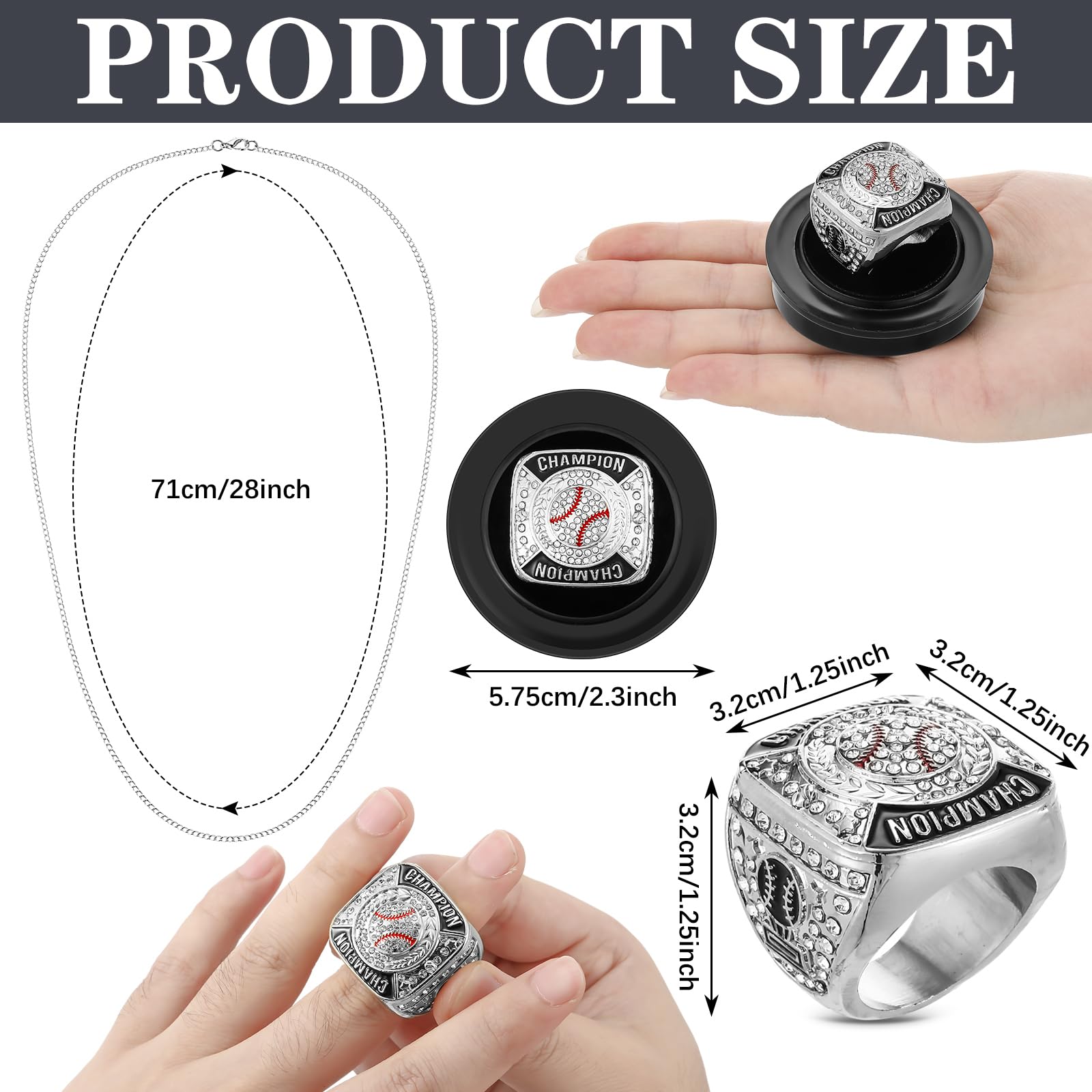 Landical 12 Pcs Silver Baseball Championship Rings Ball Games Championship Trophy Rings Sport Ball Award Gift with Display Neck Chain and Stand for Tournament or League Champion Winner