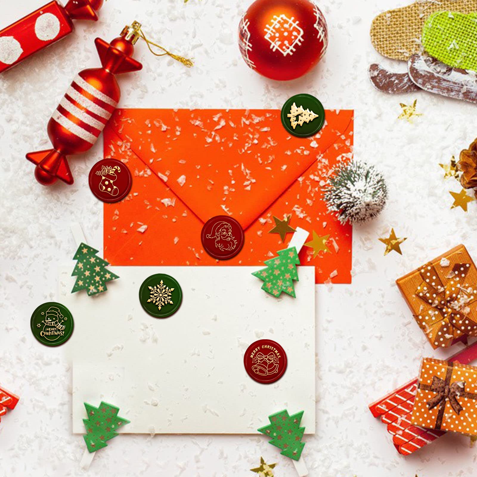 CRASPIRE Weihnachts-Wachssiegel-Stempel-Set, 6 Stück, Messing-Stempelköpfe, Holzgriff, Hochzeitseinladungen