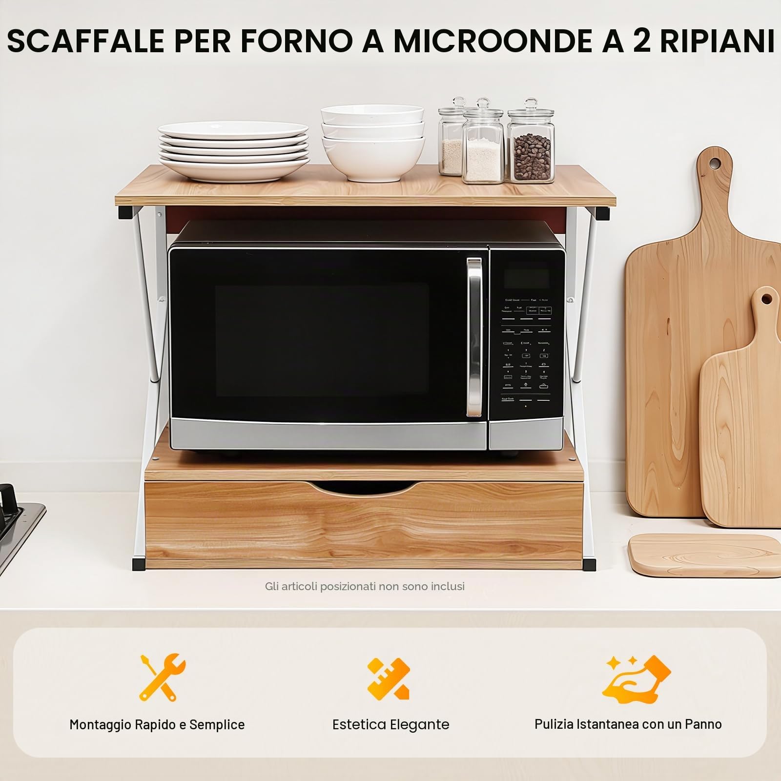 Scaffale per microonde a due piani, in legno con cassetto e capacità di carico di 10 kg, in MDF e ferro, 54 x 35 x 50 cm, design aperto, sufficiente spazio di archiviazione, robusto organizer da