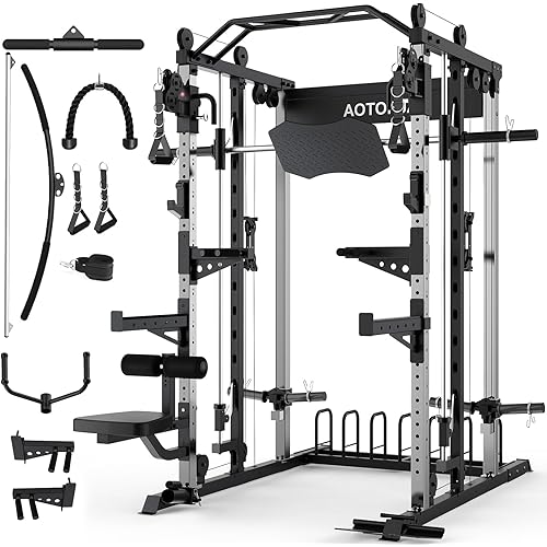 Smith Machine Strength Training Squat Rack with Smith Bar, Power Cage with LAT Pull-Down Systems, Cable Crossover Machine for Home Gym